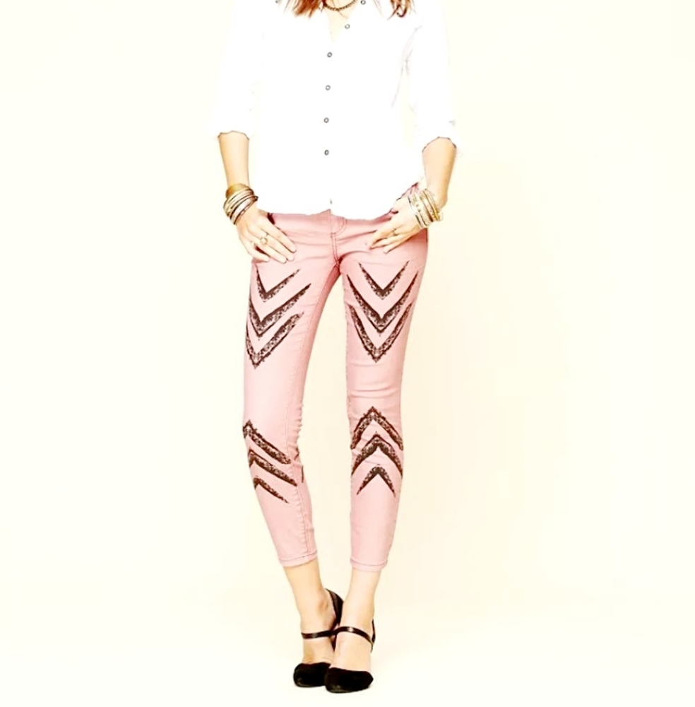 Free People Pink Dotted Skinny Denim